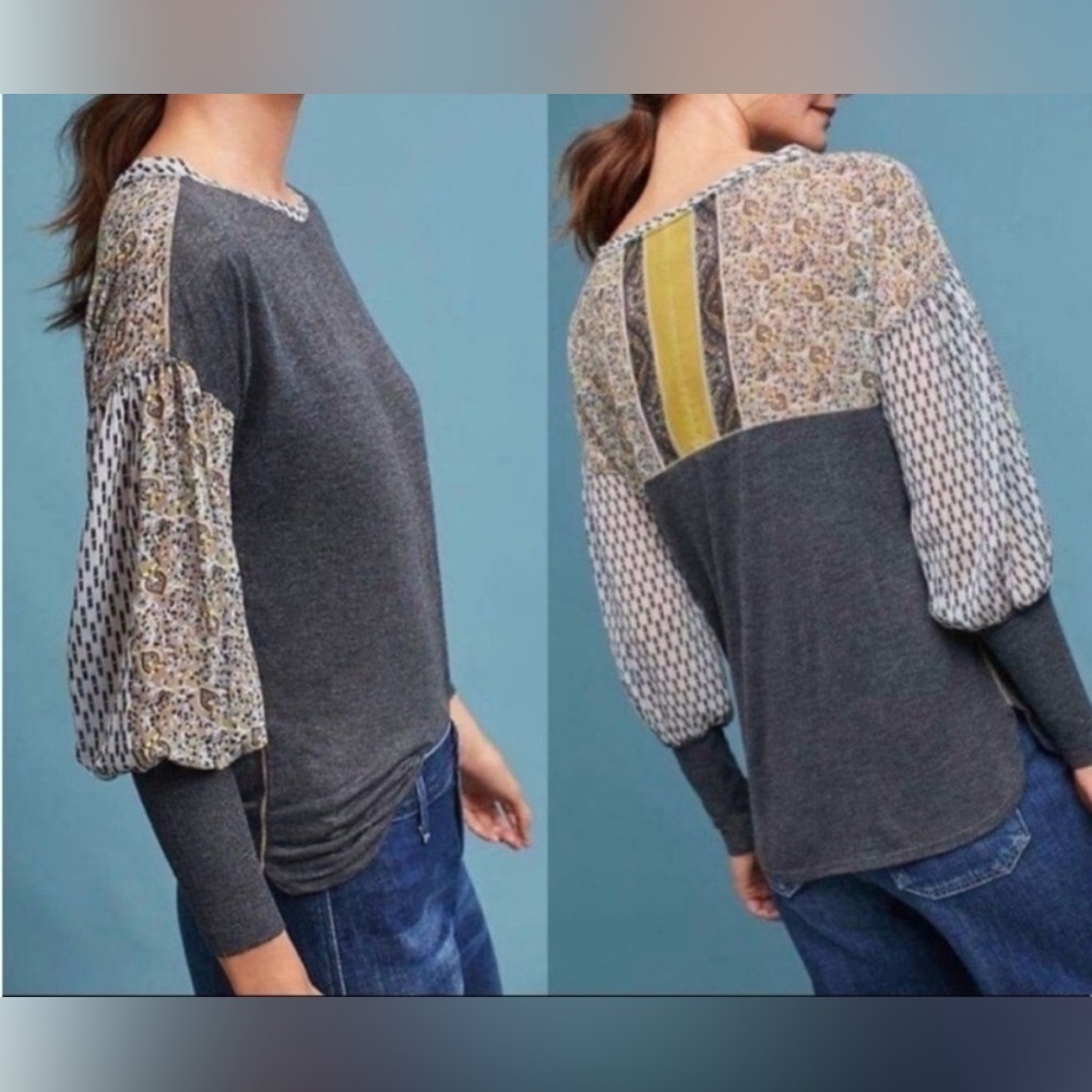 Anthropologie Timy Charcoal Top with Patterned Sleeves - Picture 3 of 12
